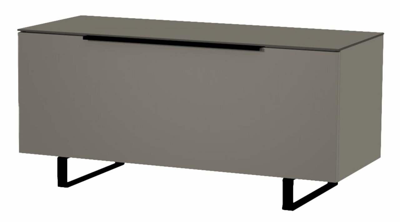 Modernes TV-Lowboard in grauer Farbe mit schwarzem Griff und Metallbeinen, seitliche Perspektive