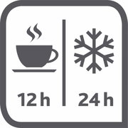 Symbolische afbeelding met een kopje en een sneeuwvlokje, die de rode thermoskan SAMBA weergeeft, die dranken 12 uur warm en 24 uur koud kan houden. Vooraanzicht.