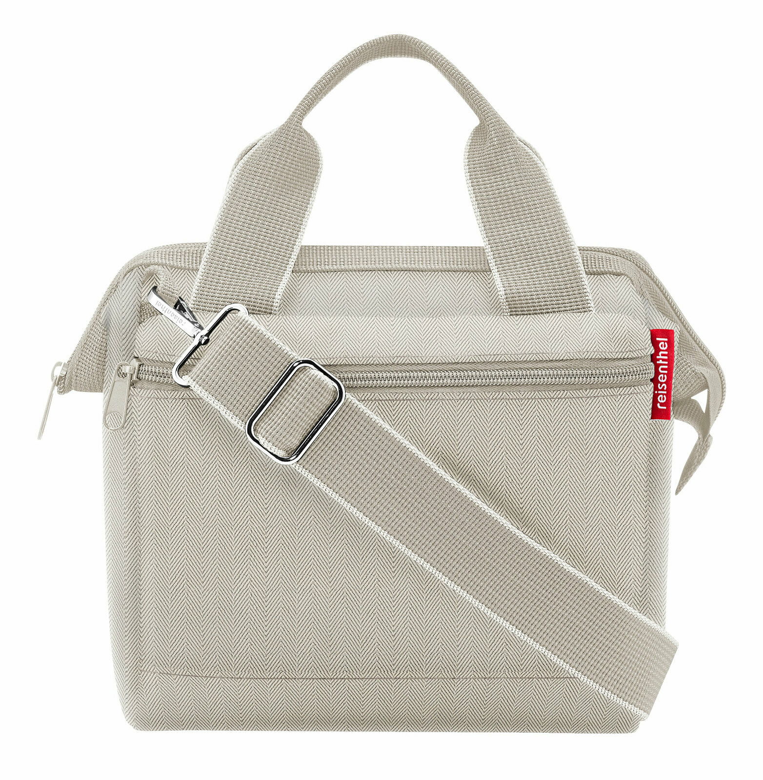 Reisenthel Allrounder Cross Herringbone Sand Beige Tasche mit Herringbone-Muster, abnehmbarer Schultergurt und zwei Tragegriffen, Vorderansicht