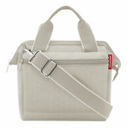 Beige Tasche mit Herringbone-Muster, abnehmbarer Schultergurt und zwei Tragegriffen, Vorderansicht