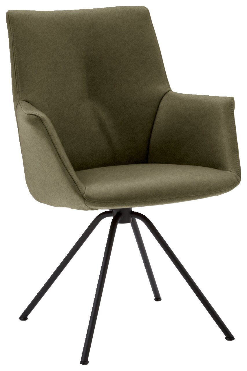 Moderne groene fauteuil met zwart metalen frame, zijaanzicht