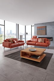 Modernes Wohnzimmer mit zwei roten Ledersofas, Blick von vorne, große Fenster mit Stadtblick im Hintergrund.