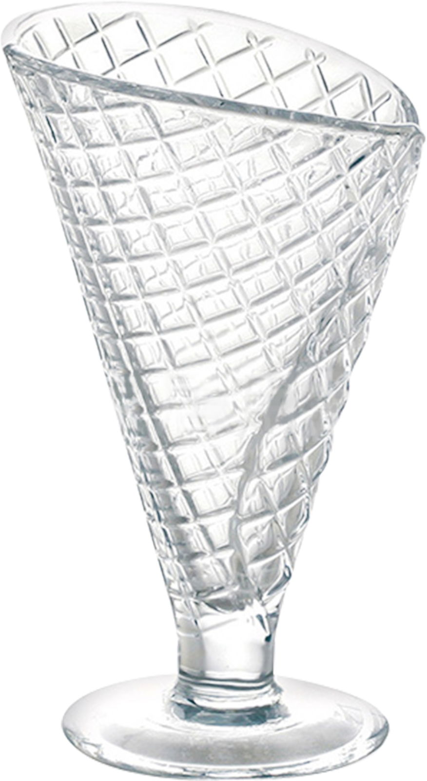 Eisbecher aus Glas mit rautenförmigem Muster, seitliche Perspektive