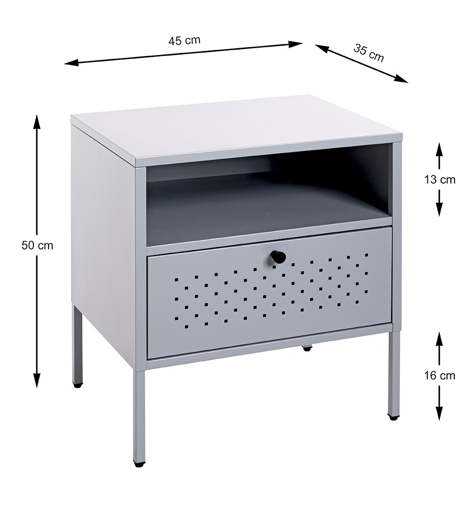 Grauer Metall-Nachttisch mit offenem Fach und perforierter Schublade, Maße ca. 45 x 35 x 50 cm, freigestellt in schräger Frontansicht (3/4-Perspektive) mit Maßangaben.