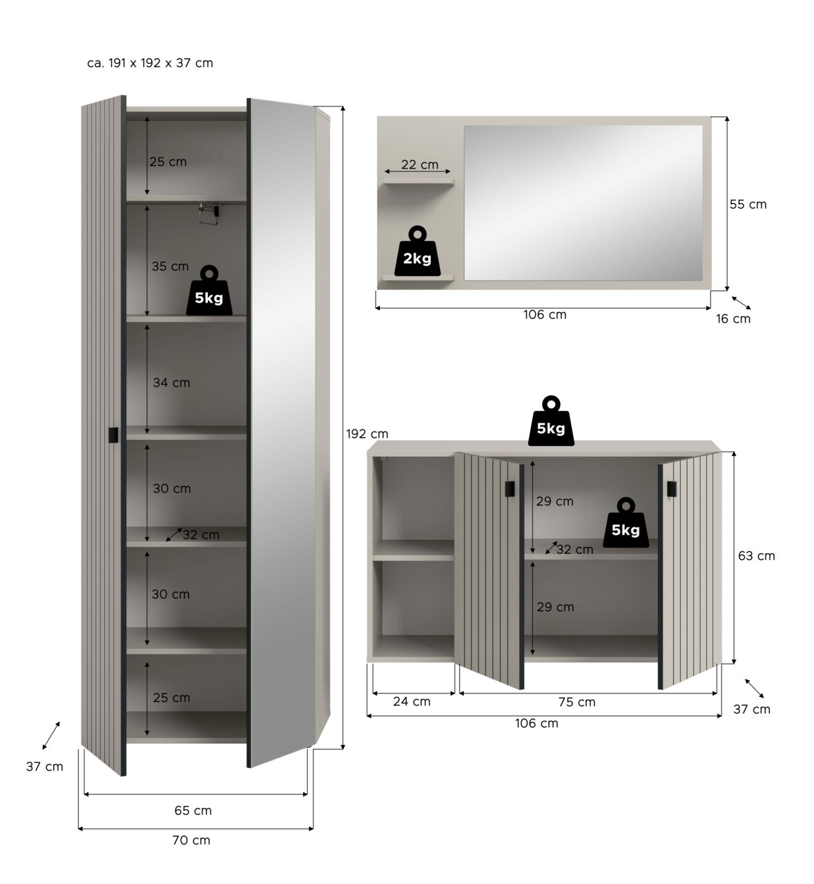 Maßgrafik eines grauen Badmöbel-Sets mit Hochschrank (ca. 191×70×37 cm) und Unterschrank (ca. 106×63×37 cm) sowie Wandspiegel (ca. 106×55×16 cm), Türen teils geöffnet mit Fachhöhen und Belastungsangaben, dargestellt in Frontansicht und leicht schräger Per