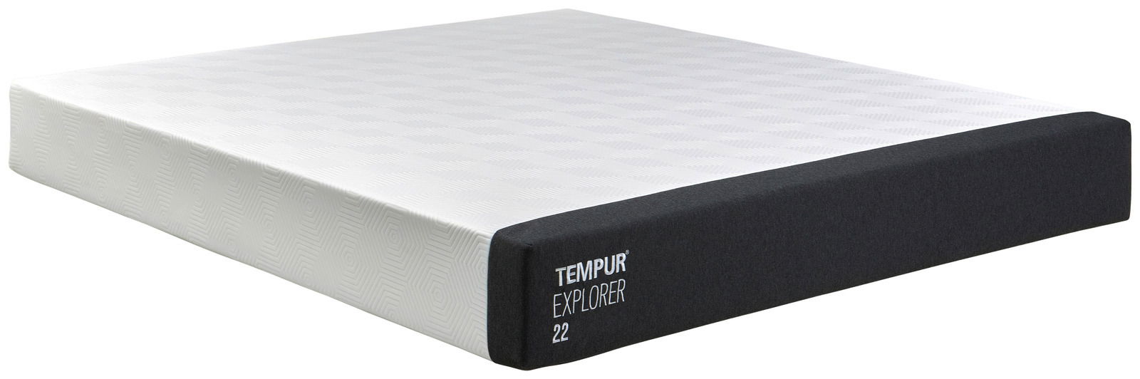 Tempur Viscomatratze 180x200 EXPLORER Seitliche Perspektive auf eine TEMPUR Explorer 22 Viscomatratze mit weißer Oberfläche und schwarzem Rand.