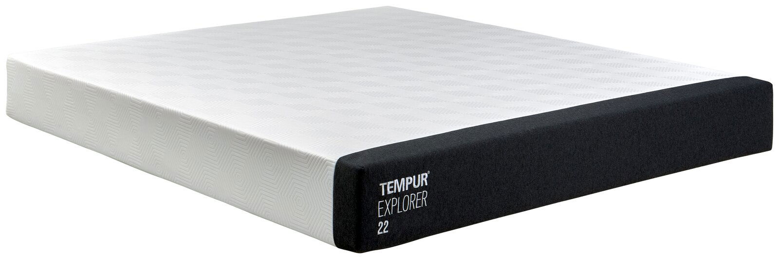Tempur Viscomatratze 160x200 EXPLORER Seitliche Perspektive auf eine TEMPUR Explorer 22 Viscomatratze mit weißer Oberfläche und schwarzem Rand.