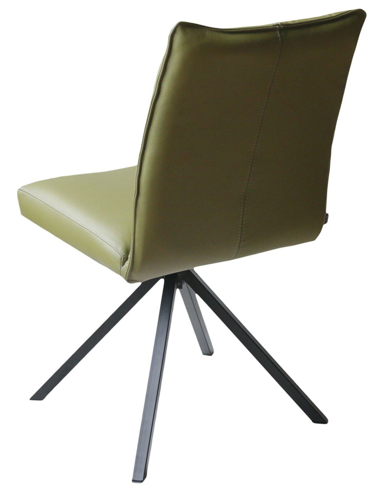 Moderner Stuhl mit olivgrünem Bezug und schwarzem Metallgestell, Rückansicht