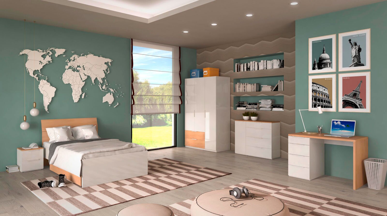 Modernes Jugendzimmer mit weißem Bett, Schreibtisch und Schrank in Weiß-Holz-Optik, Weltkarten-Wanddeko und City-Postern, aufgenommen aus leicht erhöhter Weitwinkelperspektive von vorn links