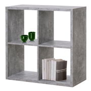 Grauer Regalwürfel mit vier Fächern, zwei grüne Tassen und Bücher, seitliche Perspektive