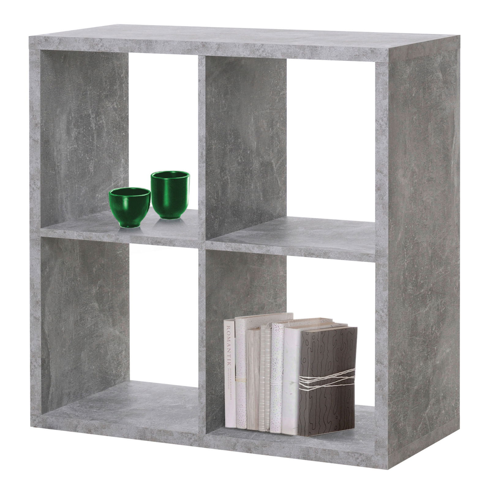Grauer Regalwürfel mit vier Fächern, zwei grüne Tassen und Bücher, seitliche Perspektive