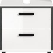 Weißer Badezimmerschrank/Waschtischunterschrank mit zwei Schubladen und schwarzen Griffleisten, Frontansicht