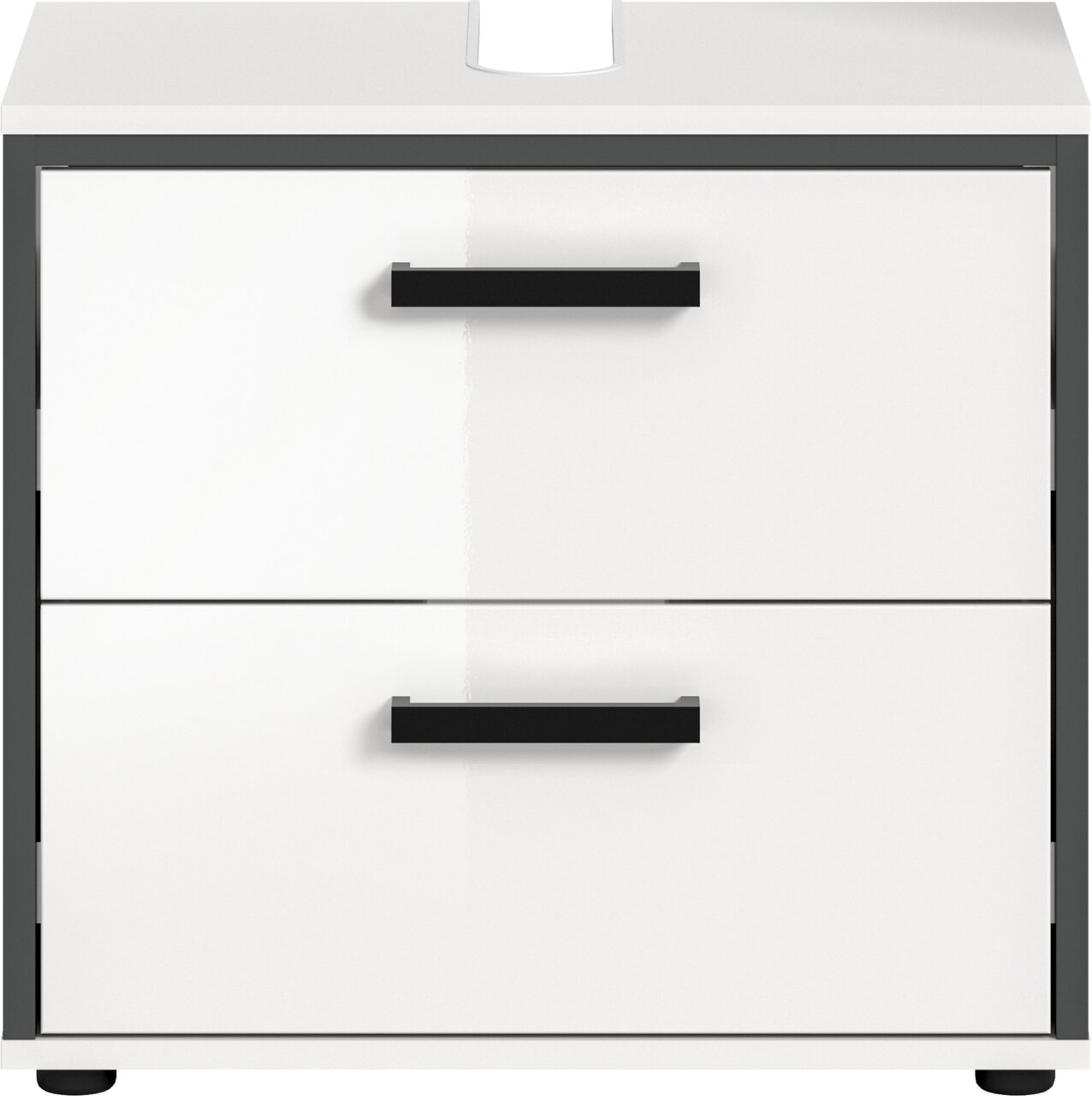 Weißer Badezimmerschrank/Waschtischunterschrank mit zwei Schubladen und schwarzen Griffleisten, Frontansicht
