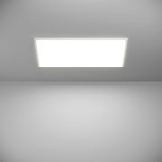 Rechteckige LED-Deckenleuchte ROVITO-Z, Ansicht von unten, leuchtend an einer grauen Decke montiert.