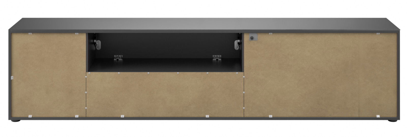 Frontansicht eines XL-TV-Lowboards mit offenen Fächern und Türen in Holzoptik.