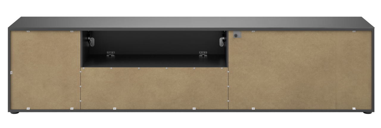 Frontansicht eines XL-TV-Lowboards mit offenen Fächern und Türen in Holzoptik.