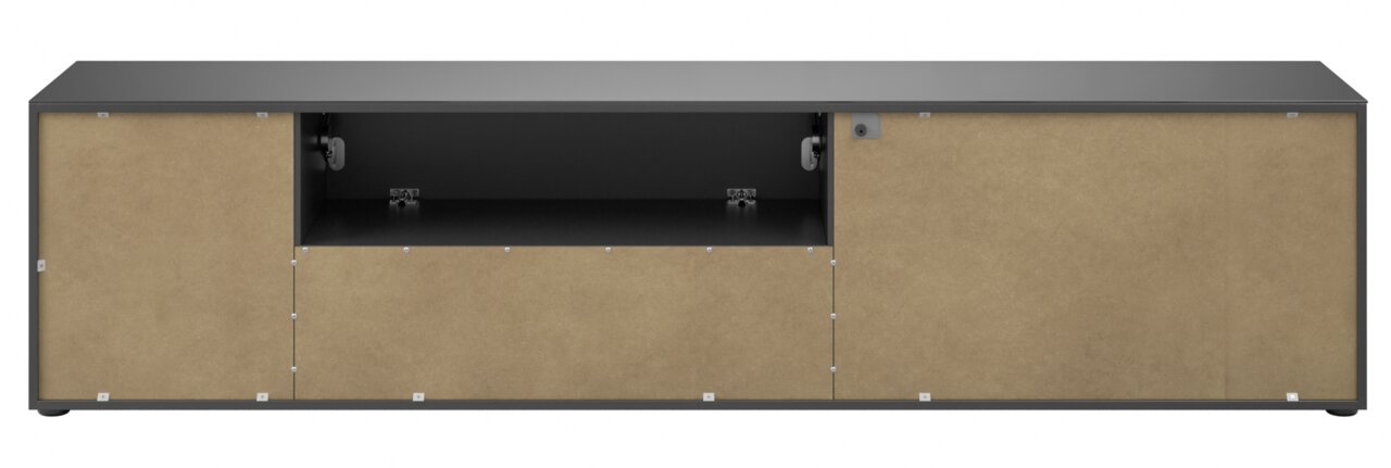 Frontansicht eines XL-TV-Lowboards mit offenen Fächern und Türen in Holzoptik.