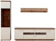 Modernes Wohnwand-Set mit TV-Lowboard, Vitrine und Wandregal in Weiß und Holzoptik, Frontansicht