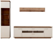 Modernes Wohnwand-Set mit TV-Lowboard, Vitrine und Wandregal in Weiß und Holzoptik, Frontansicht