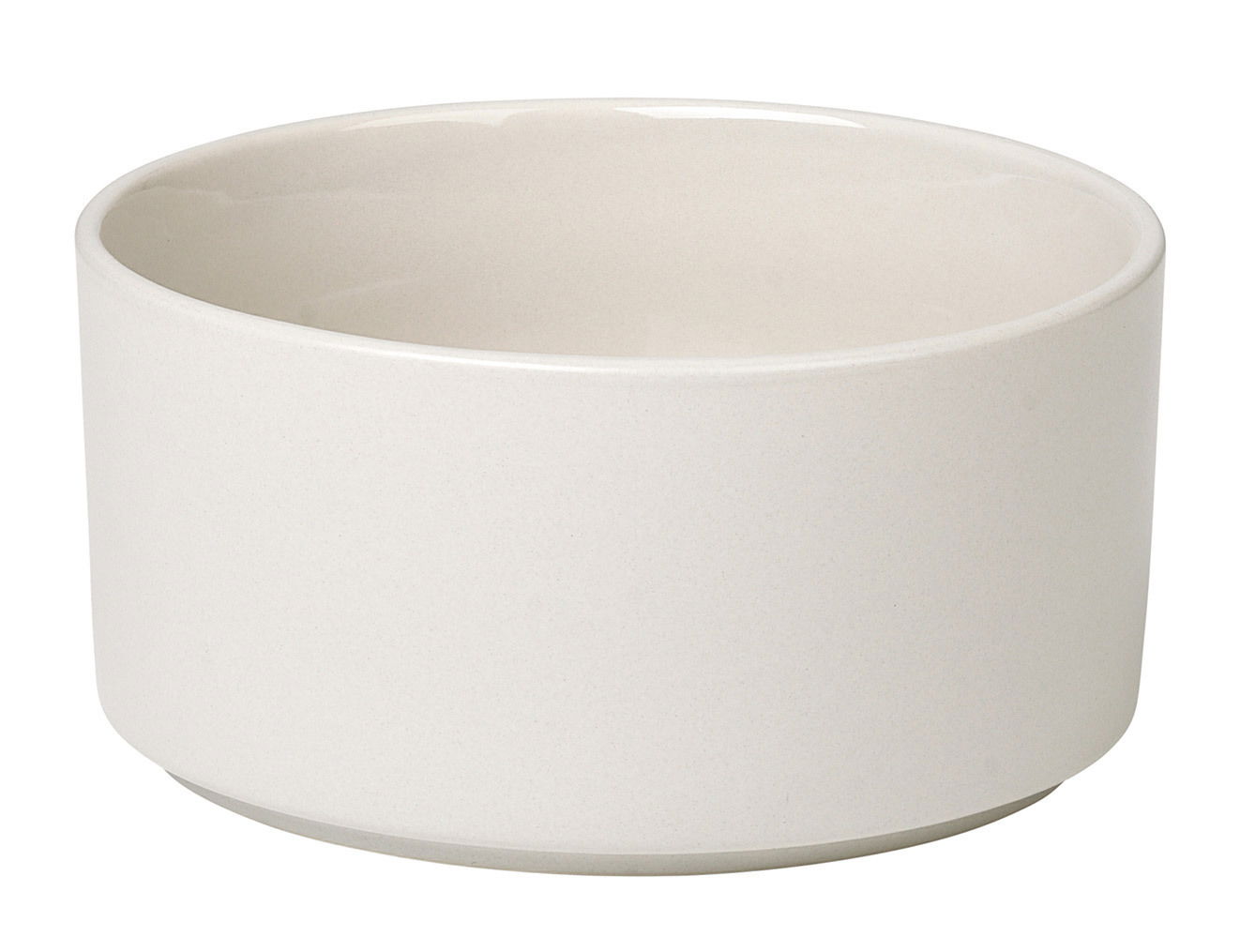 Weiße, zylindrische Schale aus Keramik in der Farbe Moonbeam, mittlere Größe, seitliche Perspektive