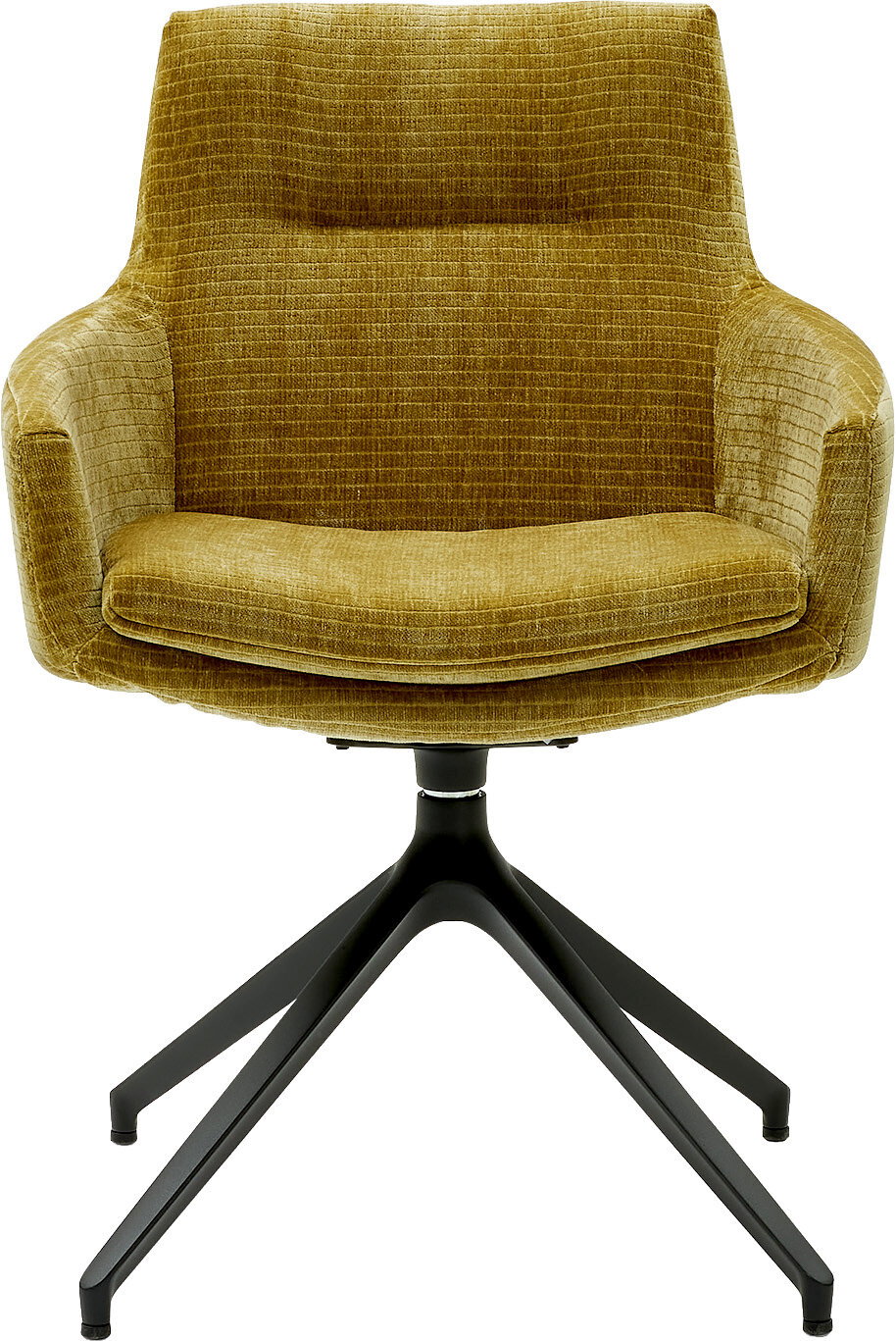 Frontansicht eines Armlehnstuhls mit senfgelbem Stoffbezug und schwarzem Metallgestell.