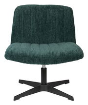 Grüner Sessel BELMONDO mit geripptem Stoffbezug und schwarzem Metallfuß, Frontalansicht.