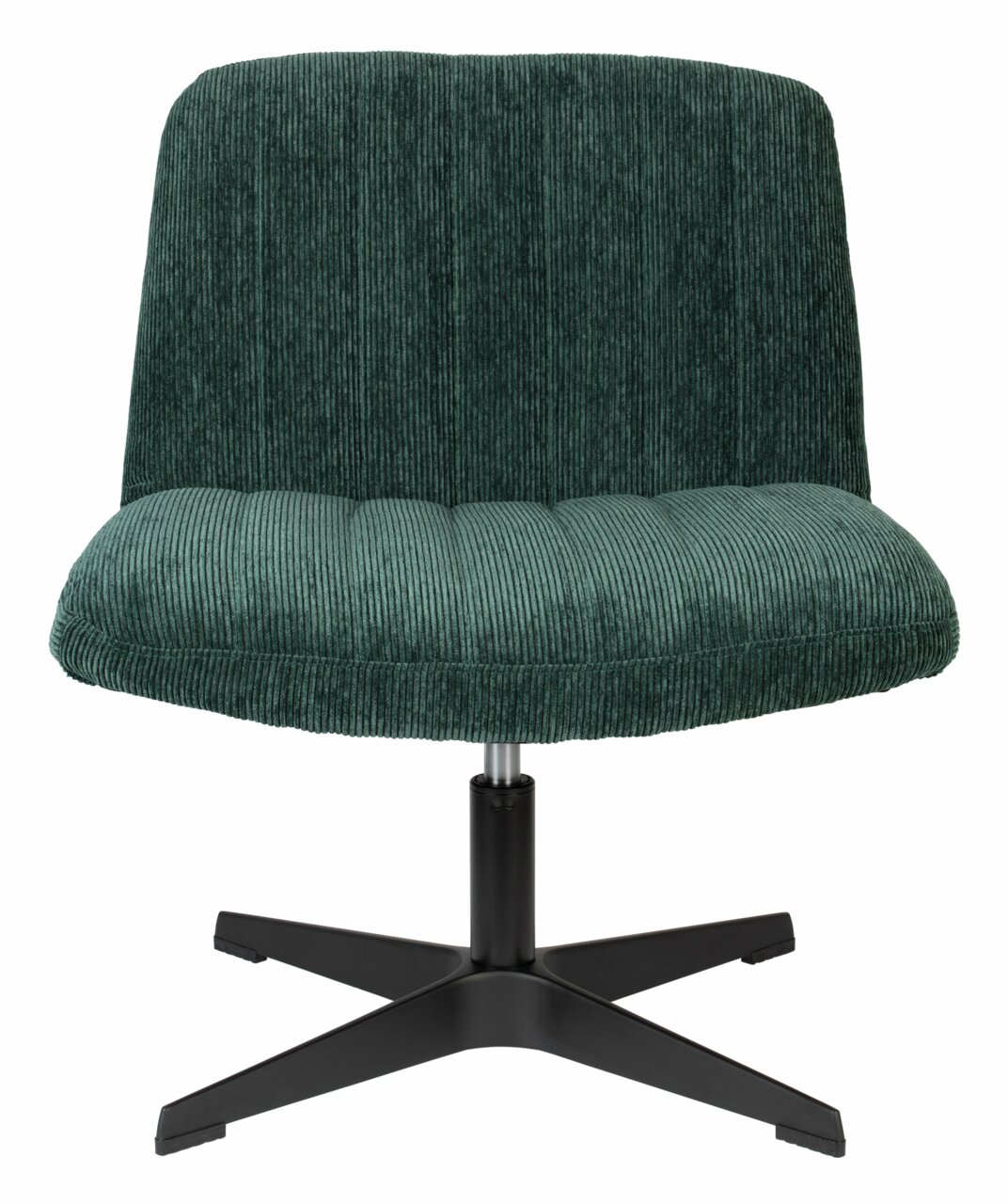Groene fauteuil BELMONDO met geribbelde stoffen bekleding en een zwart metalen onderstel, vooraanzicht.