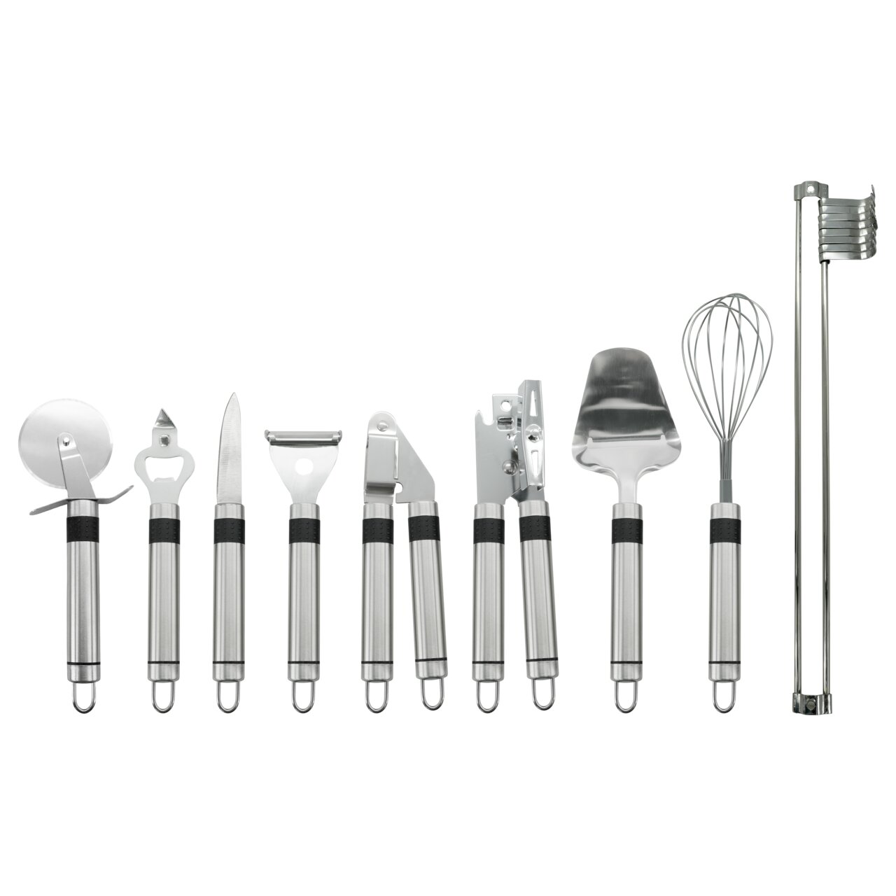 Küchenhelferset aus Edelstahl, bestehend aus verschiedenen Utensilien wie Pizzaschneider, Flaschenöffner, Schäler, Dosenöffner, Schneebesen und mehr, in einer frontalen Ansicht.