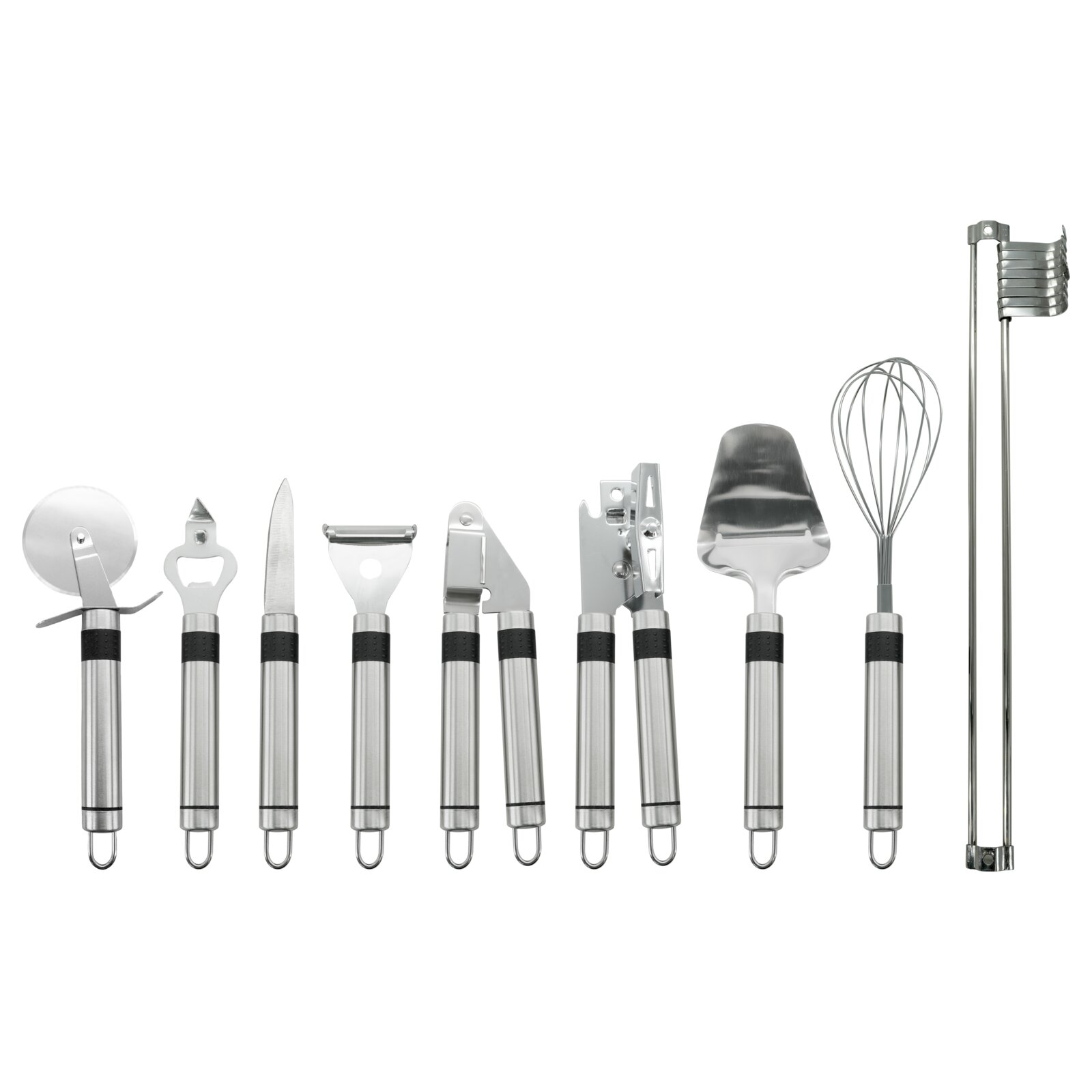 Küchenhelferset aus Edelstahl, bestehend aus verschiedenen Utensilien wie Pizzaschneider, Flaschenöffner, Schäler, Dosenöffner, Schneebesen und mehr, in einer frontalen Ansicht.