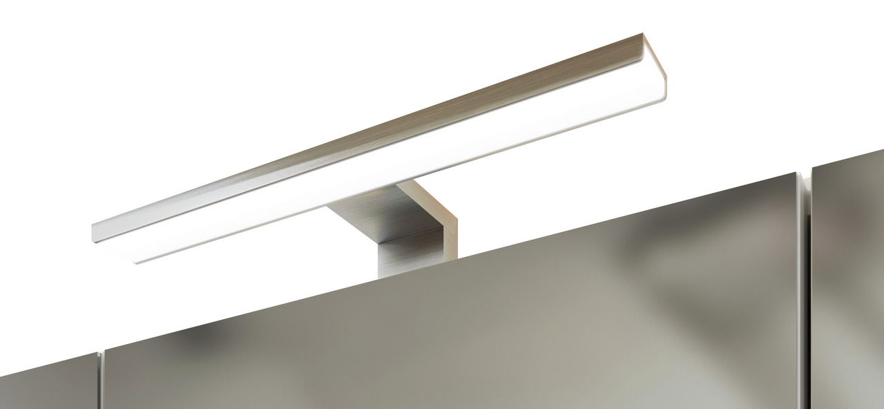 Nahaufnahme einer modernen LED-Leuchte auf einem Spiegelschrank, seitliche Perspektive
