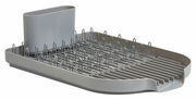 Grauer Geschirrabtropfständer mit Metallgestell und Besteckhalter, seitliche Perspektive