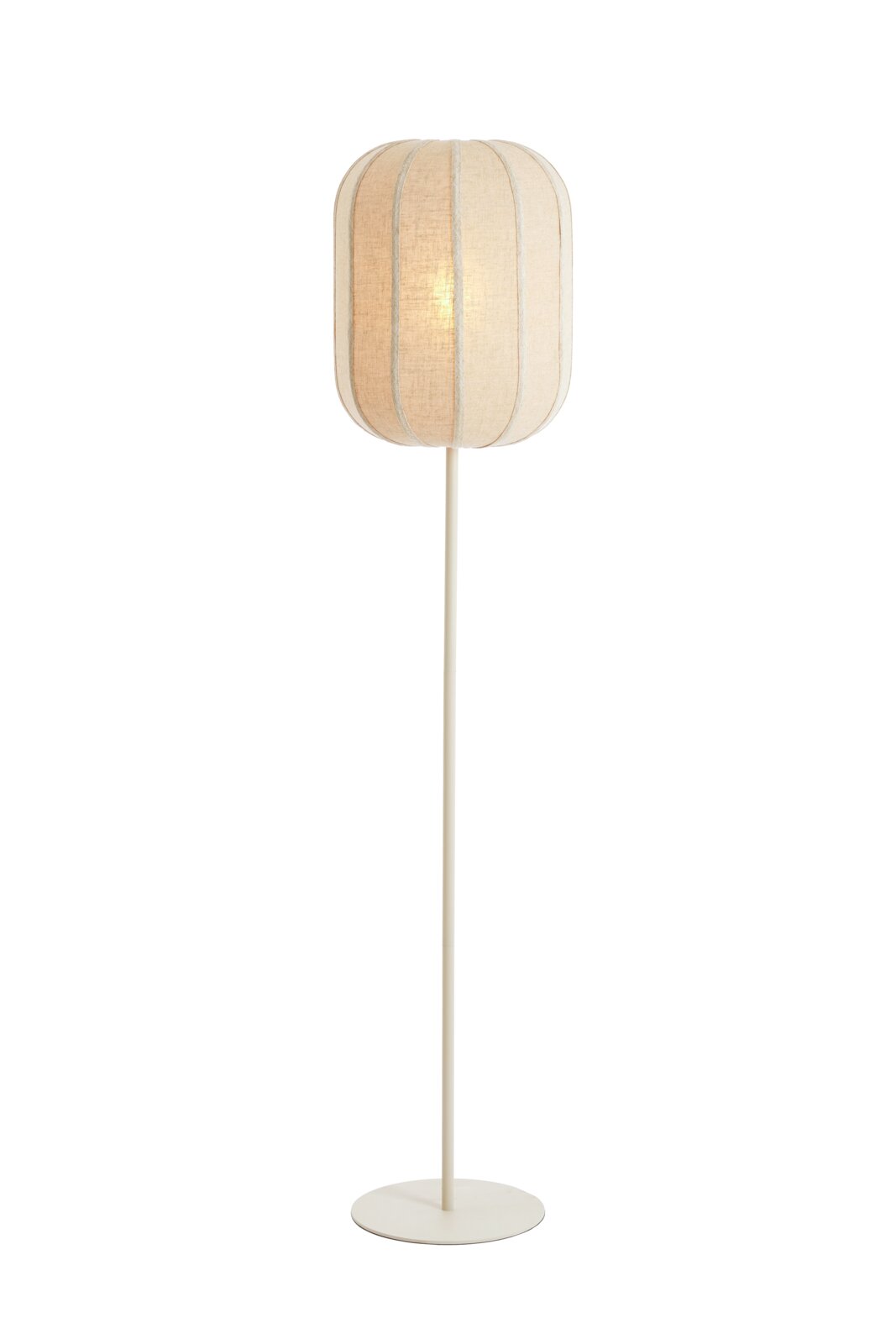 Light&Living Staande lamp SOLUNE Frontaal aanzicht van een elegante crèmekleurige vloerlamp met slanke standaard, ronde voet en ovale stoffen kap met verticale banen.