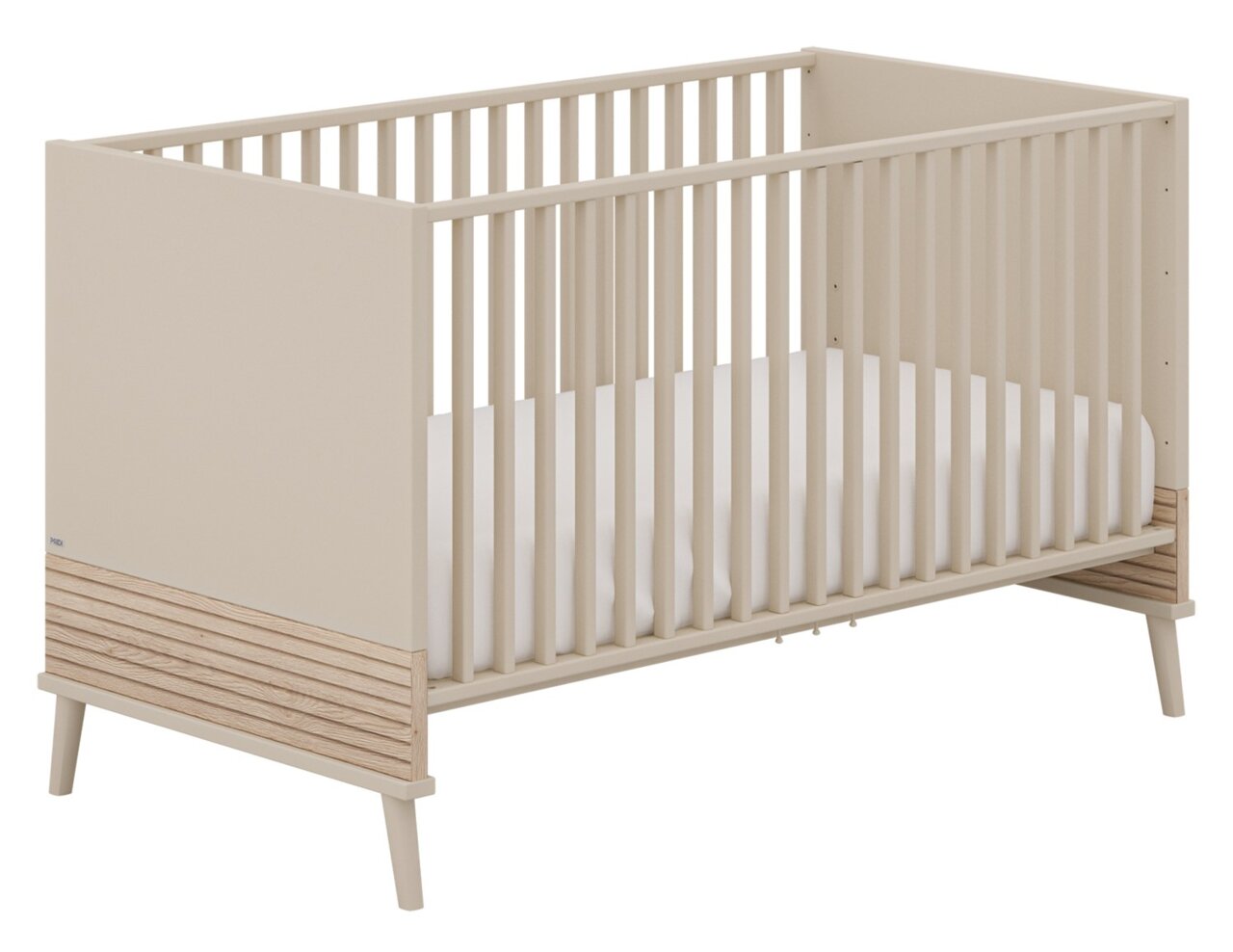 Modern houten babybedje met spijlen, zijaanzicht