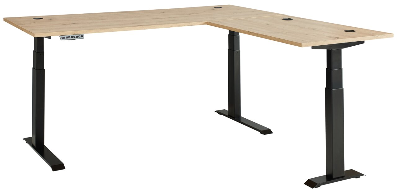 Eckschreibtisch mit höhenverstellbaren schwarzen Metallbeinen und einer Tischplatte in Holzoptik, seitliche Perspektive
