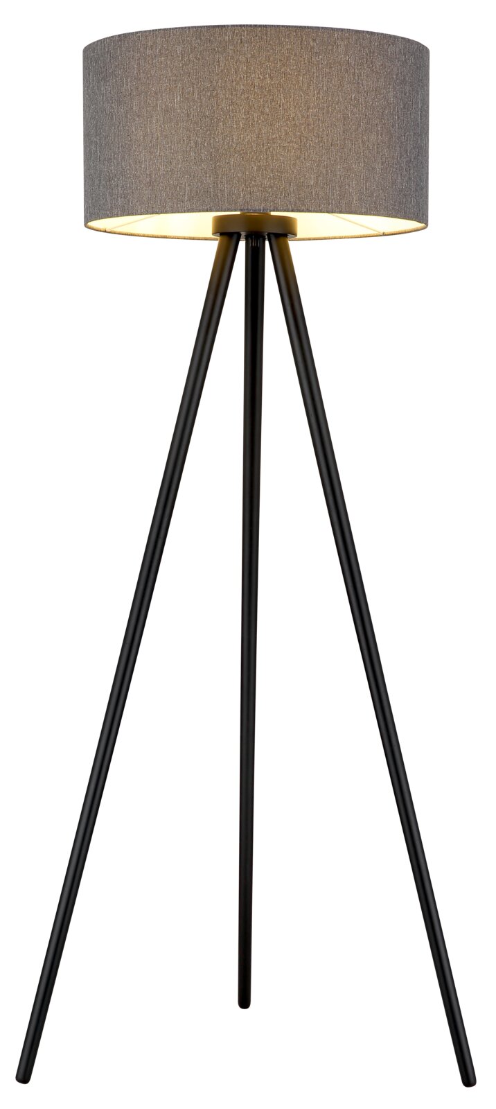 Moderne dreibeinige Stehlampe mit schwarzem Tripod-Gestell und grauem Stoff-Lampenschirm, warm leuchtend, frontale Ansicht