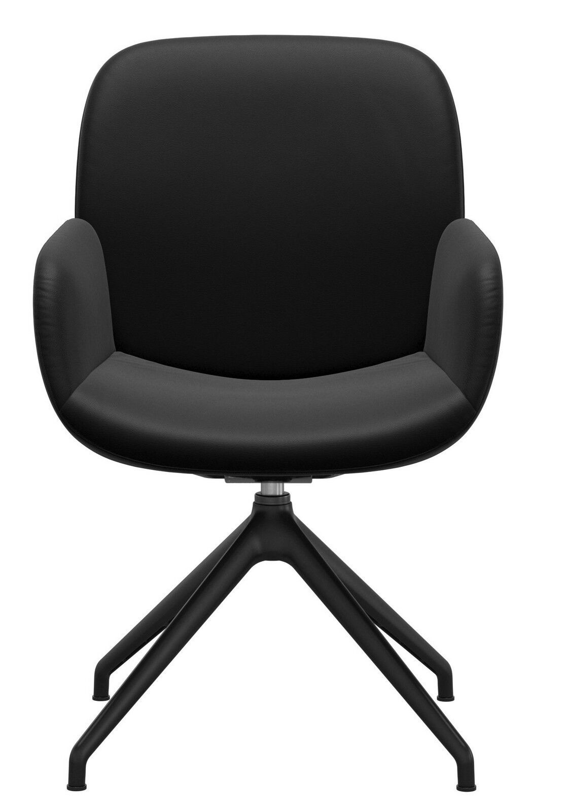 Moderner schwarzer Sessel mit vierbeinigem Metallgestell, Frontalansicht