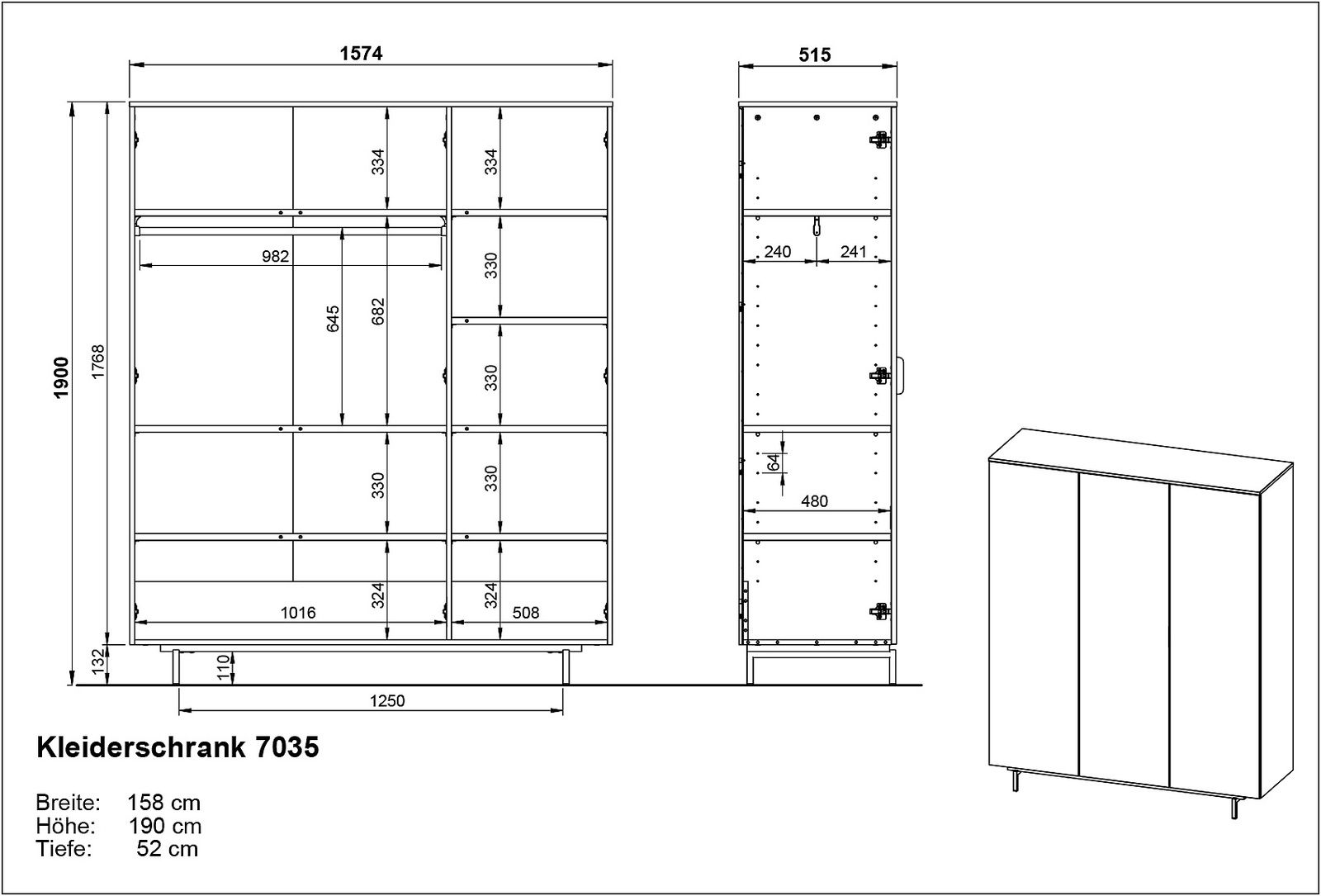 Technische Zeichnung eines Kleiderschranks mit den Maßen: Breite 158 cm, Höhe 190 cm, Tiefe 52 cm. Frontale und seitliche Ansicht.