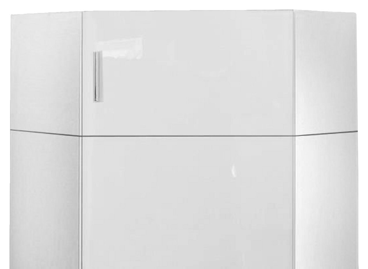 Weißer Eckaufsatzschrank mit glänzender Oberfläche und silbernem Griff, frontale Perspektive