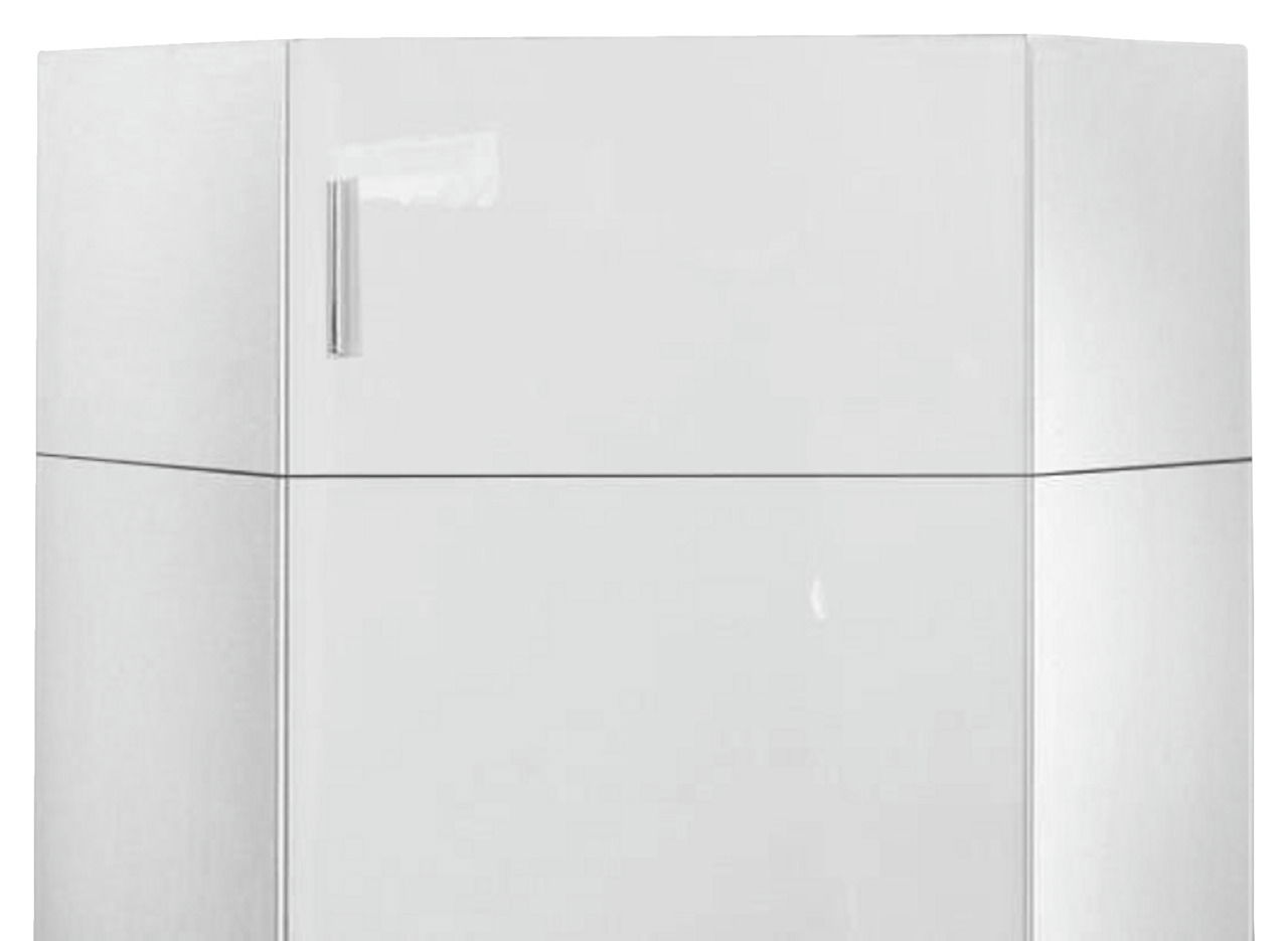 Weißer Eckaufsatzschrank mit glänzender Oberfläche und silbernem Griff, frontale Perspektive