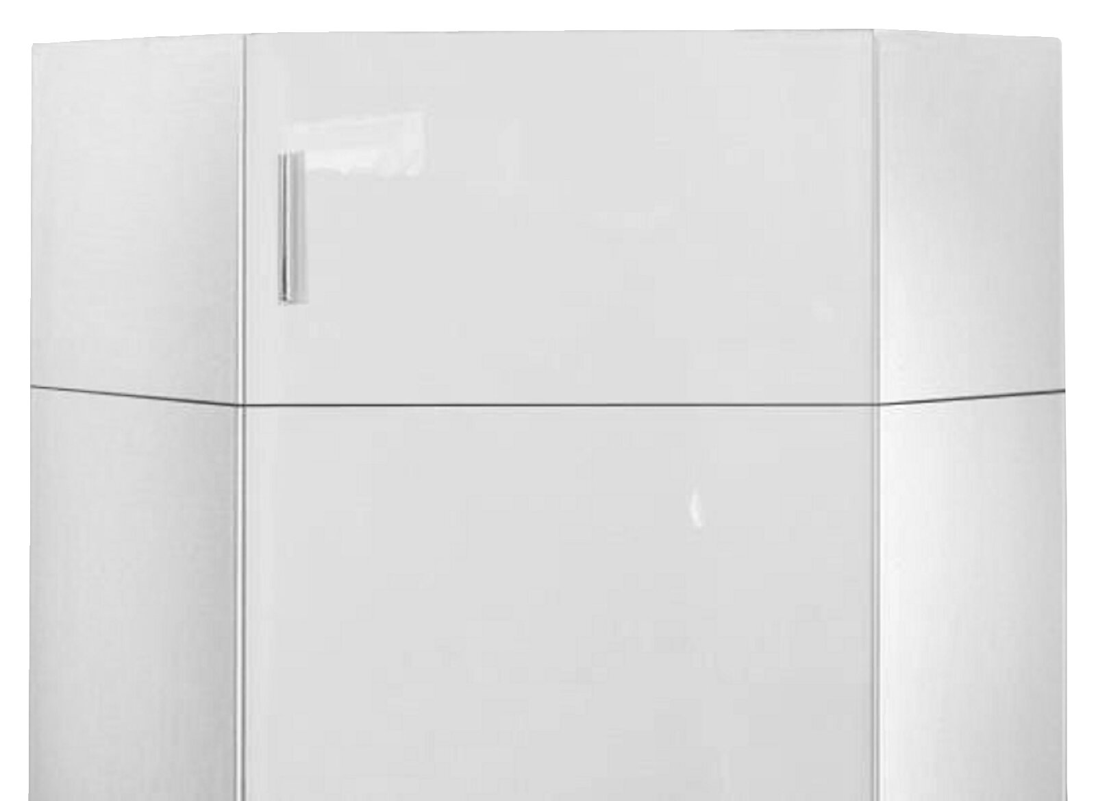 Witte hoekkast met glanzend oppervlak en zilveren handgreep, vooraanzicht