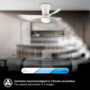 Weißer Deckenventilator mit integrierter LED-Leuchte in einem Raum, von unten/leicht frontal fotografiert, mit Hinweis auf 3-stufig einstellbare Ventilatorgeschwindigkeit