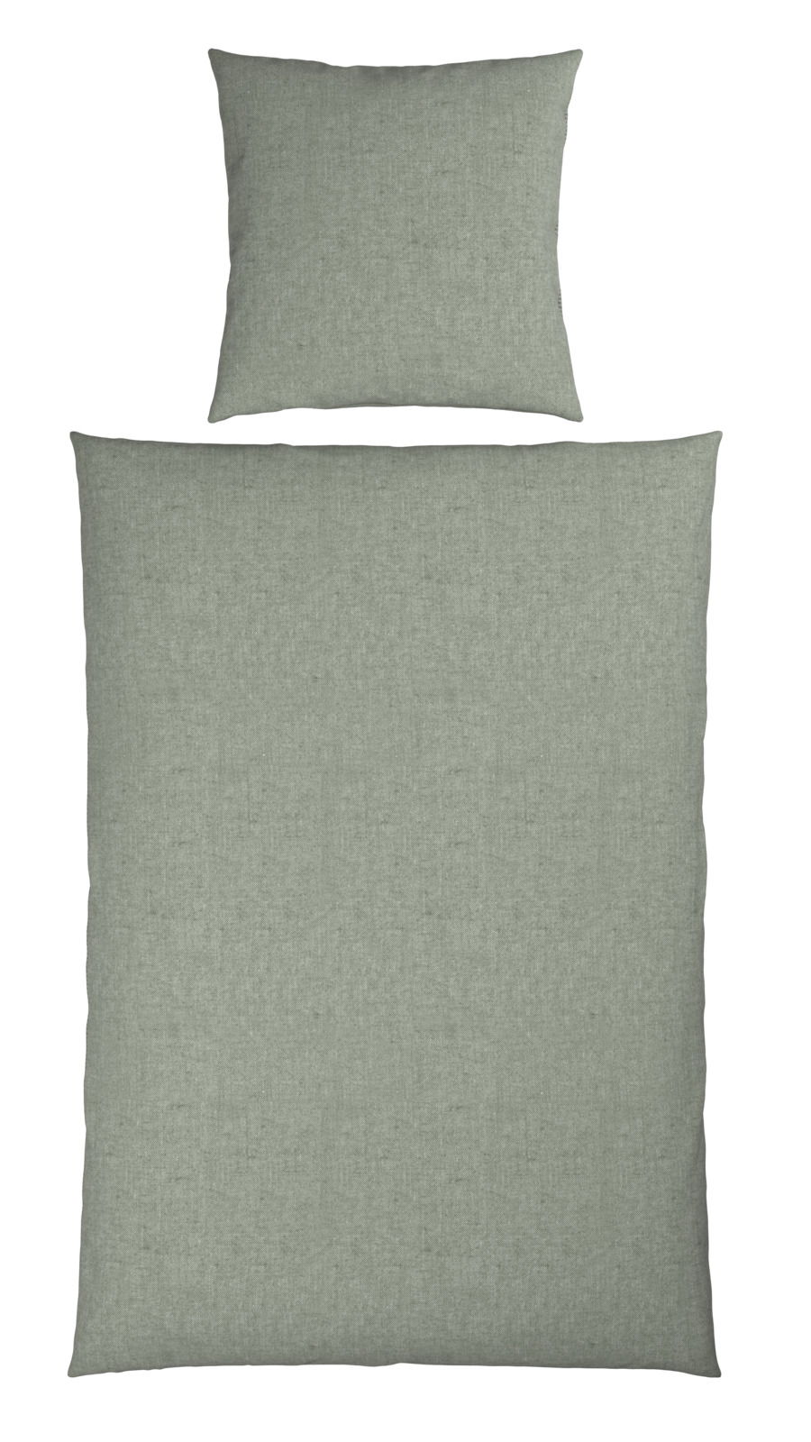 Wendebettwäsche-Set in Grau, bestehend aus einem Kissenbezug und einem Bettdeckenbezug, aus der Vogelperspektive fotografiert.