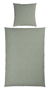 Wendebettwäsche-Set in Grau, bestehend aus einem Kissenbezug und einem Bettdeckenbezug, aus der Vogelperspektive fotografiert.