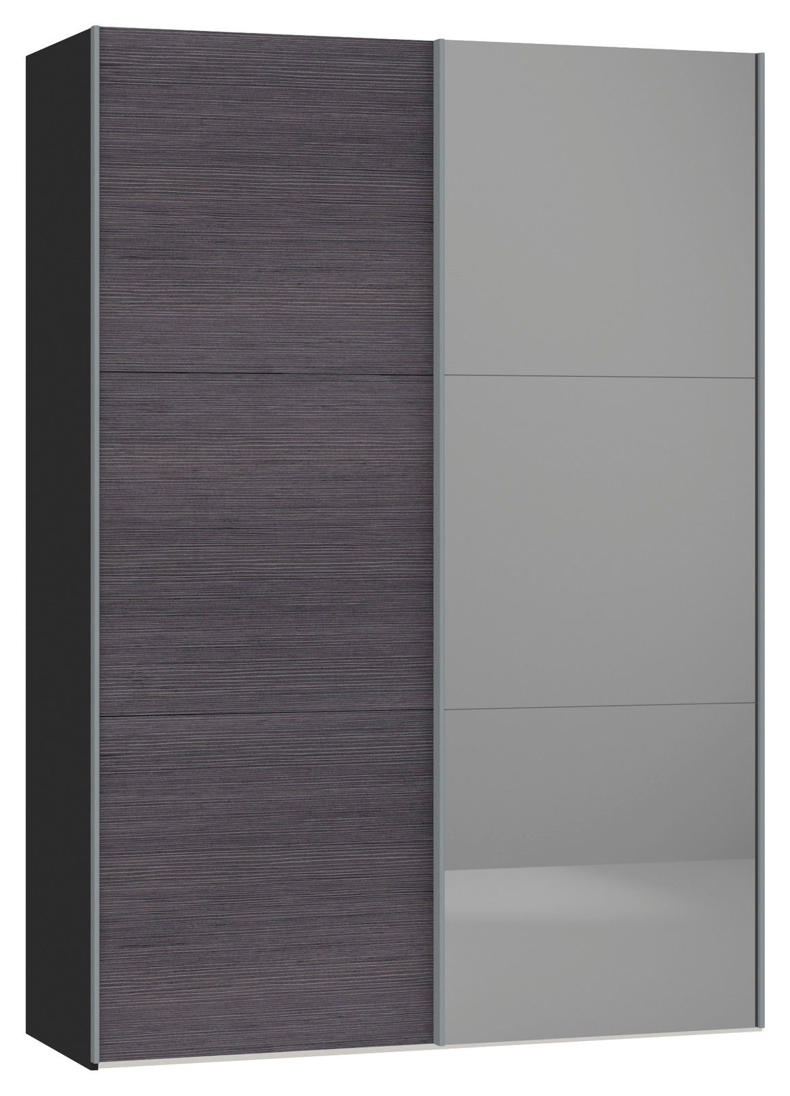 Moderner Schwebetürenschrank mit einer Kombination aus dunklem Holzdekor und grauen Glastüren, Frontalansicht.