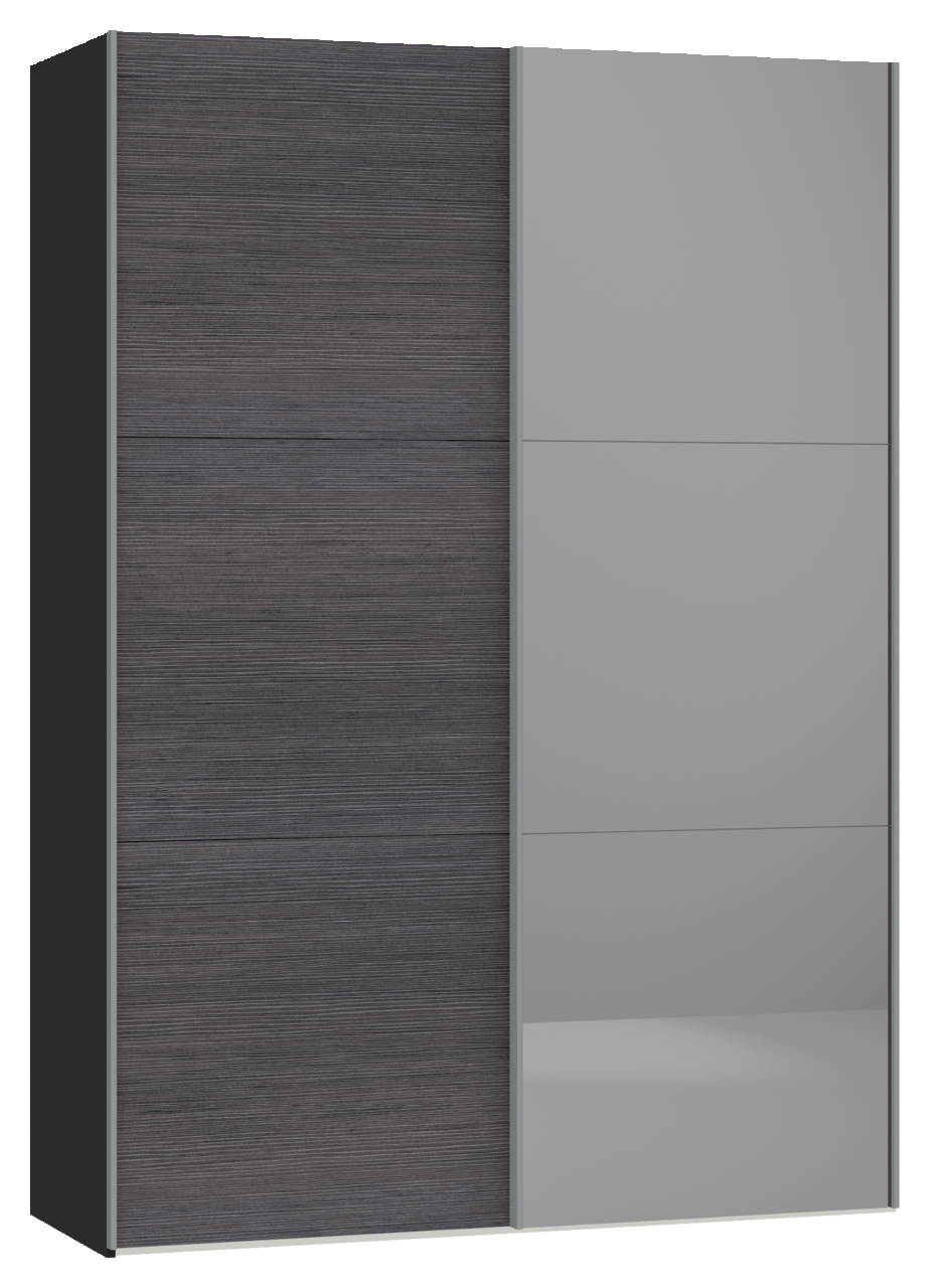 Moderner Schwebetürenschrank mit einer Kombination aus dunklem Holzdekor und grauen Glastüren, Frontalansicht.