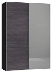 Moderner Schwebetürenschrank mit einer Kombination aus dunklem Holzdekor und grauen Glastüren, Frontalansicht.