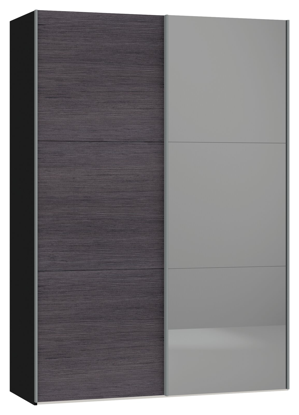 Moderner Schwebetürenschrank mit einer Kombination aus dunklem Holzdekor und grauen Glastüren, Frontalansicht.