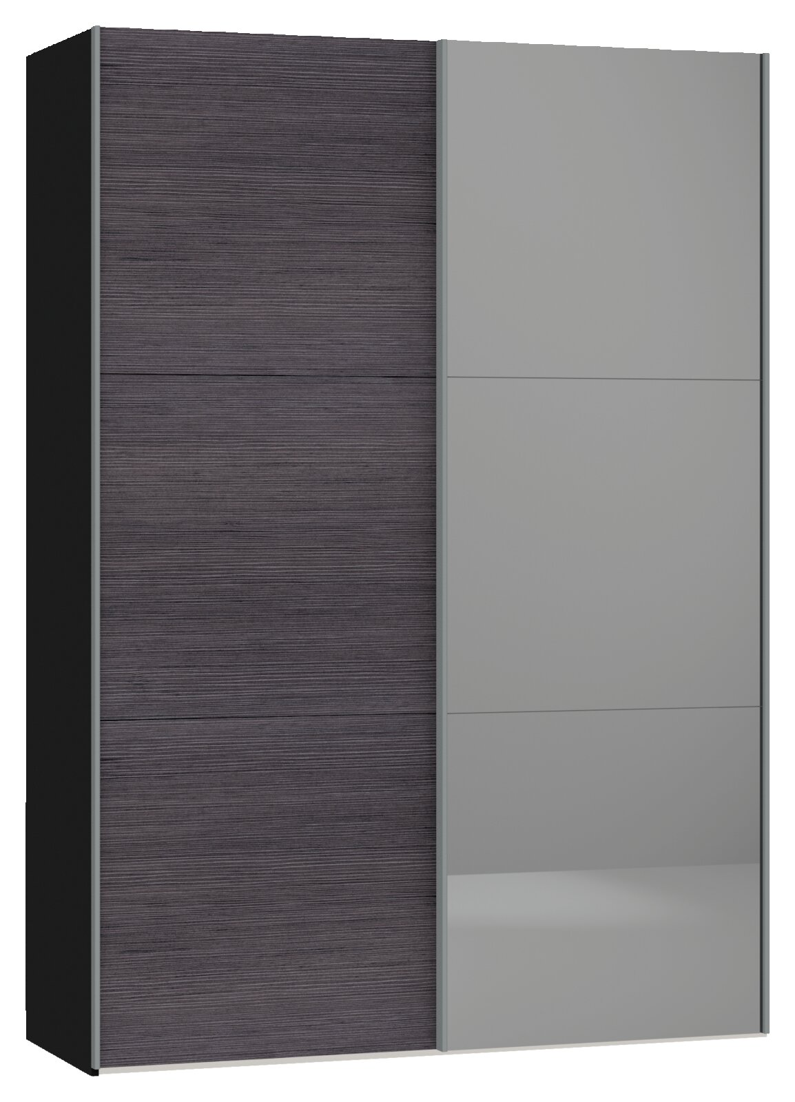 Moderne hangkast met een combinatie van donker houtdecor en grijze glazen deuren, gezien van voren.