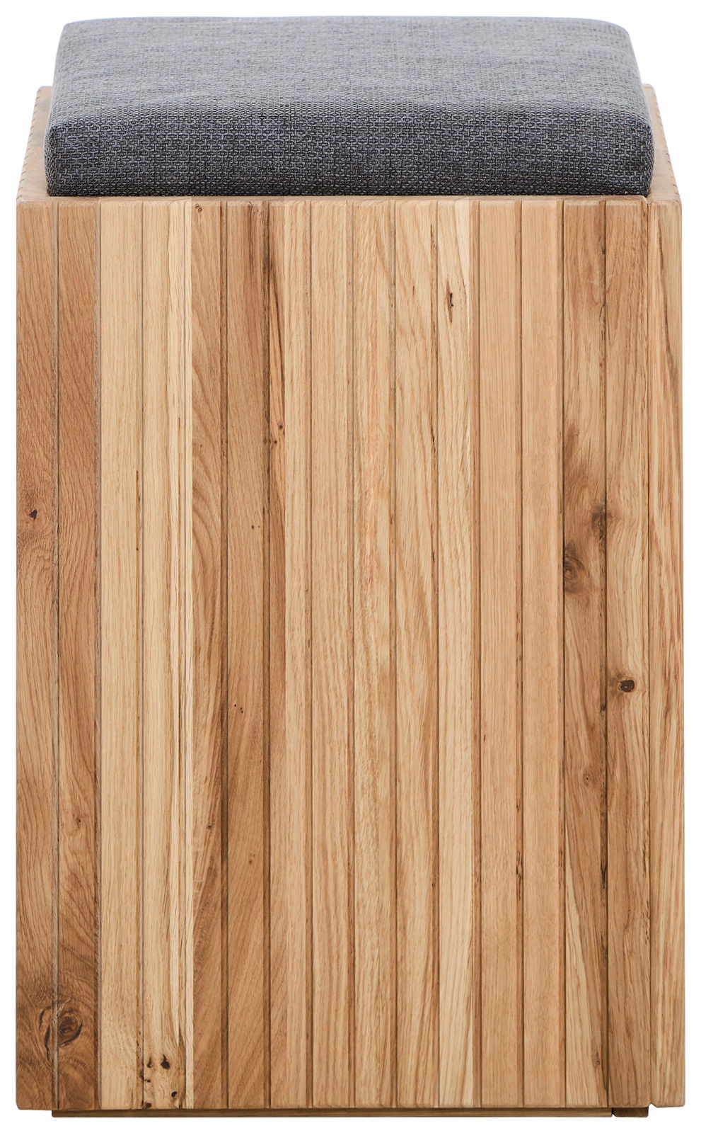 Hocker aus Holz mit gepolsterter Sitzfläche in Frontalansicht