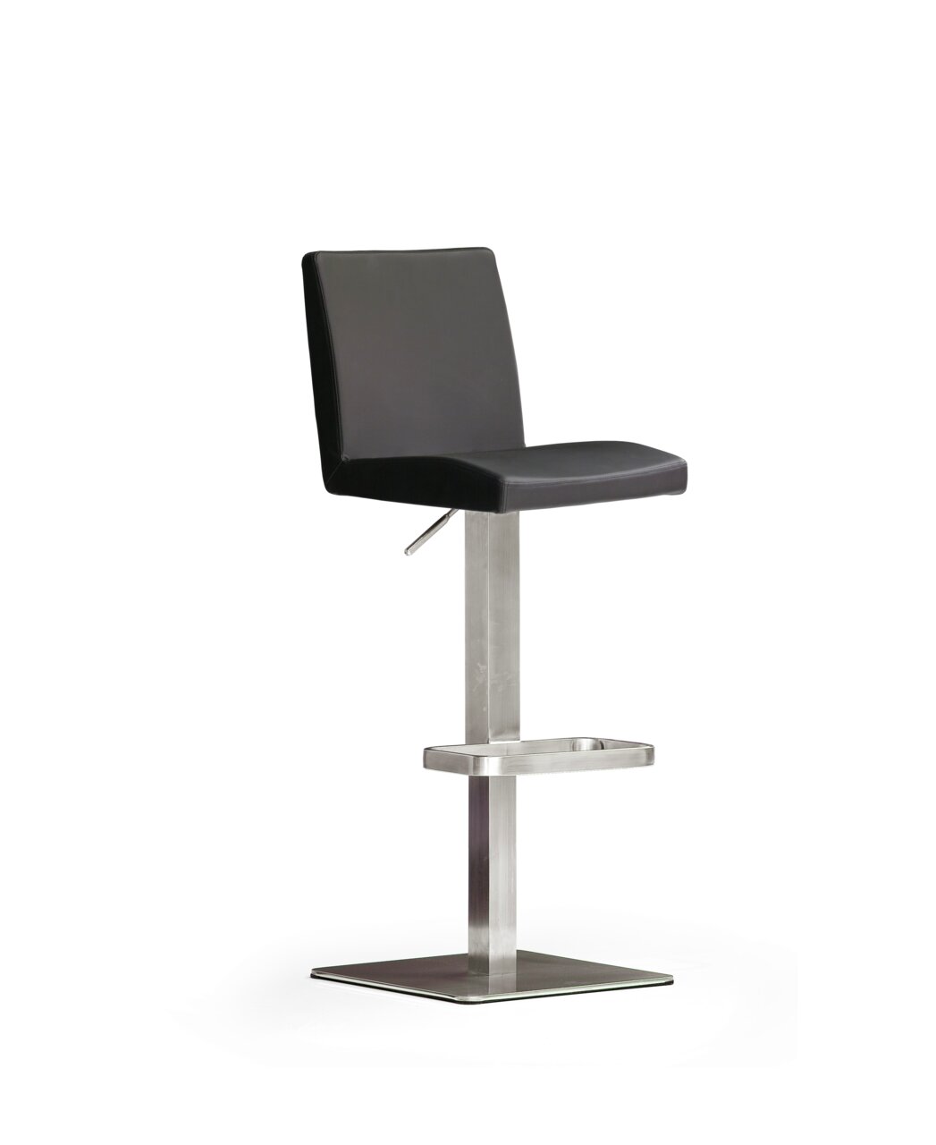 Moderner Barhocker mit schwarzem Sitz und Rückenlehne, verstellbarer Höhe und Fußstütze aus Edelstahl, seitliche Perspektive.